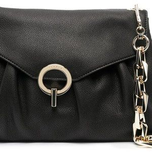 SANDRO BIG YZA BLACK GRAINED LEATHER WITH GOLD BUCKLE & CHAIN HANDBAG NWT!